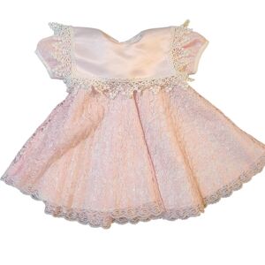 Vintage Toddler Dress Sweet Kids Size Small Pink Lace Square Collar USA 12 Mo ?
